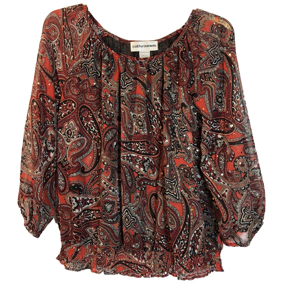 CATHY DANIELS Semi-Sheer Embellished Red Black Paisley Peasant Top Large-253